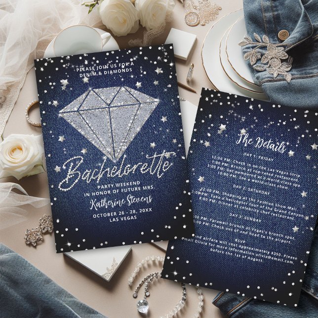 Invitación Denim Diamonds International Bling Bachelorette (denim diamonds bachelorette party itinerary invitation classy stylish white blue jeans elegant chic)