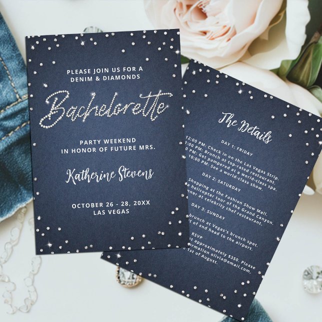 Invitación Denim Diamonds Itinerary Blue Bachelorette Party (denim and diamonds bachelorette invitation itinerary glitter bling glitz glam blue white classy chic)