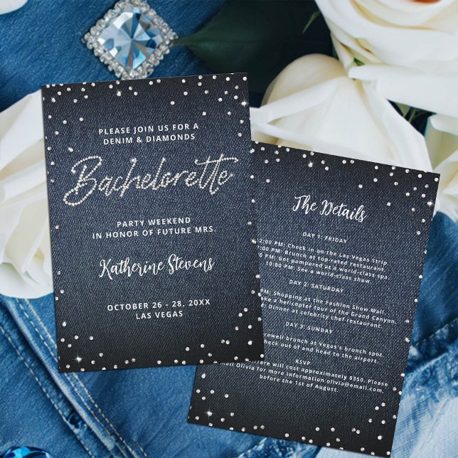 Invitación Denim Diamonds Itinerary Classy Bachelorette Party (denim and diamonds bachelorette invitation itinerary glitter bling glitz glam blue white classy)