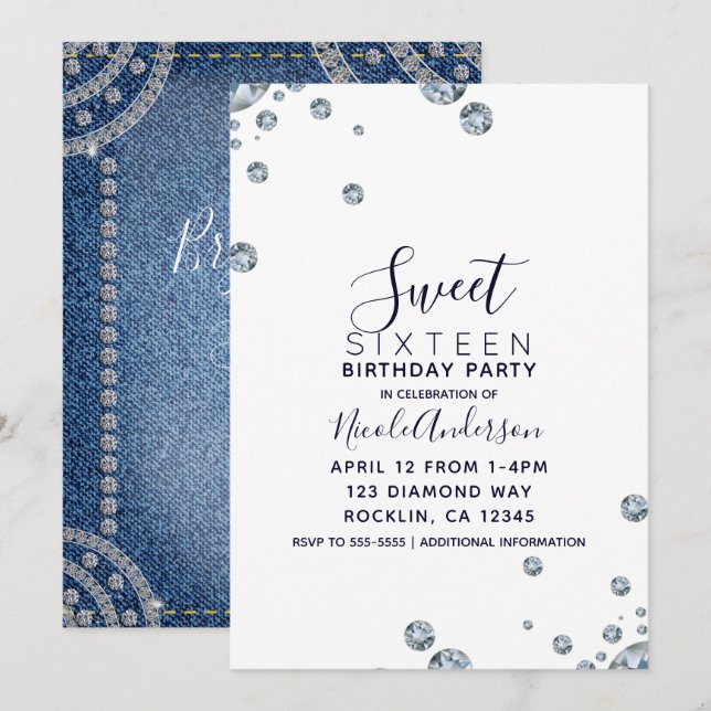 Invitación Denim & Diamonds Jean Birthday Sweet 16 Fiesta (Anverso / Reverso)