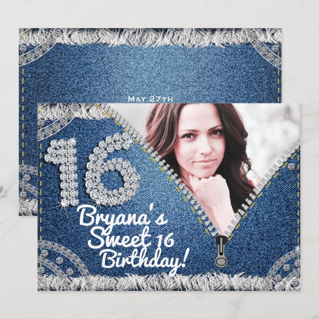 Invitación Denim & Diamonds Jean Zipper Sweet 16 Photo Fiesta (Anverso / Reverso)