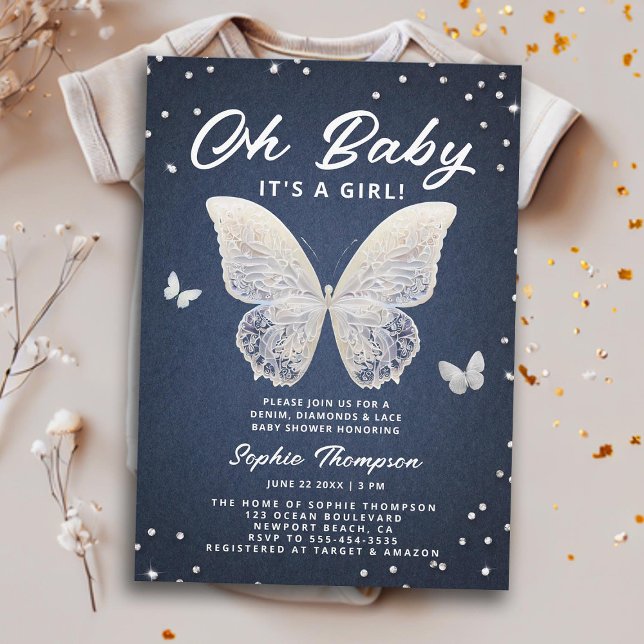 Invitación Denim Diamonds Lace Butfly Oh Baby Girl Shower (denim diamonds lace baby girl shower invitation rhinestones butterflies elegant modern classy chic)