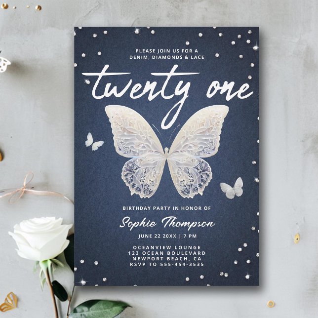 Invitación Denim Diamonds Lace Butterfly moderno cumpleaños 2 (denim diamonds lace 21st birthday invite for girls elegant modern classy chic rhinestones blue jeans)