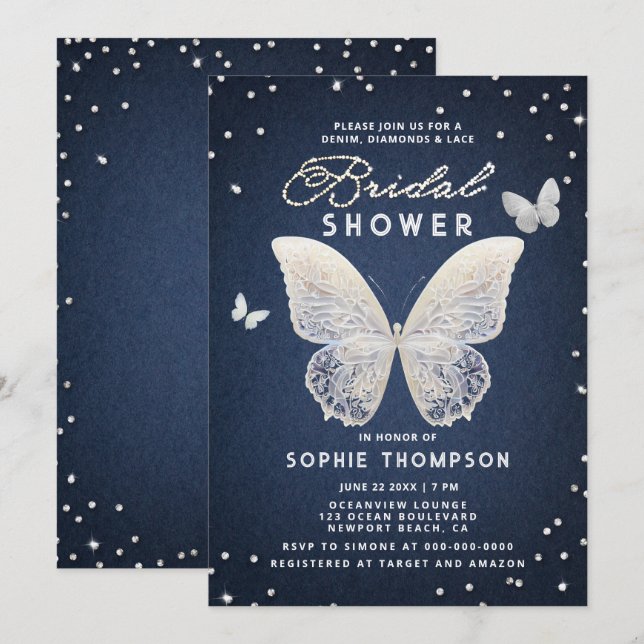 Invitación Denim Diamonds Lace Mariposa Única Ducha de Novias (Anverso / Reverso)