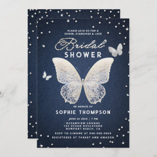 Invitación Denim Diamonds Lace Mariposa Única Ducha de Novias