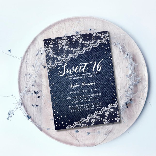 Invitación Denim Diamonds Lace Sweet 16 Fiesta de cumpleaños  (Subido por el creador)