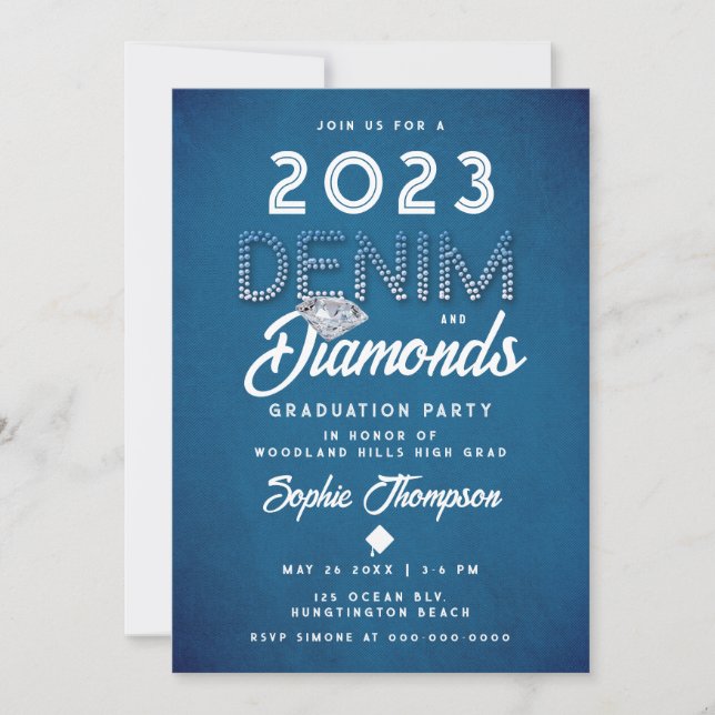 Invitación Denim Diamonds Lettering Moderne Graduation Party (Anverso)