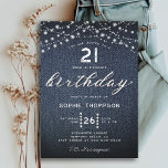 Invitación Denim Diamonds Luces Rústicas 21 cumpleaños<br><div class="desc">Un sencillo, moderno, elegante y moda modelo de invitación para una fiesta de cumpleaños de 21 años con un fondo denim, cuerdas de luces rústicas, la palabra BIRTHDAY cubierta de diamantes blancos (diamantes simulados, no reales) y en escritura moderna de caligrafía, y tipografía en blanco. Un elegante diseño de "denim...</div>