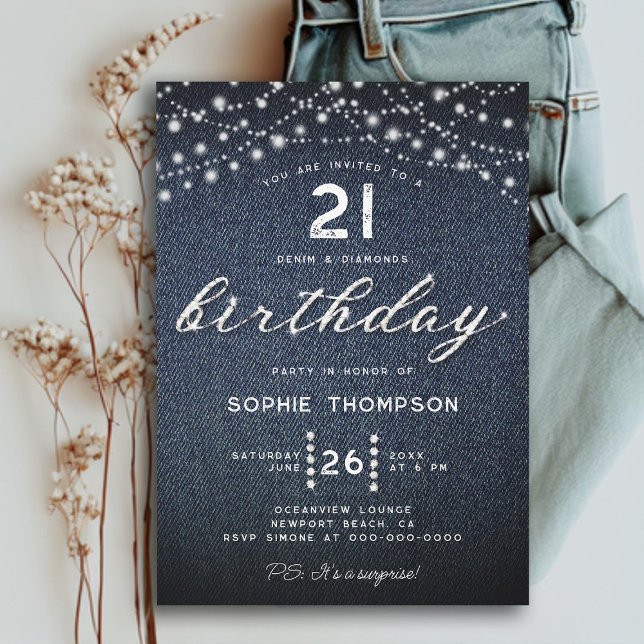 Invitación Denim Diamonds Luces Rústicas 21 cumpleaños (RUSTIC LIGHTS 21ST BIRTHDAY INVITATION FOR WOMEN ELEGANT RHINESTONES CALLIGRAPHY BOHO GLITTER MODERN)