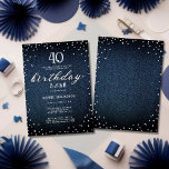 Invitación Denim Diamonds Modern Rustic 40th Birthday Fiesta<br><div class="desc">Un sencillo, moderno, elegante y de moda plantilla de invitación a la fiesta de cumpleaños con un fondo de denim azul, la palabra BIRTHDAY cubierta con diamantes blancos (diamantes simulados, no reales) y en escritura moderna de caligrafía, y tipografía rústica en blanco. ¡Un diseño de moda "denim and diamante" para...</div>