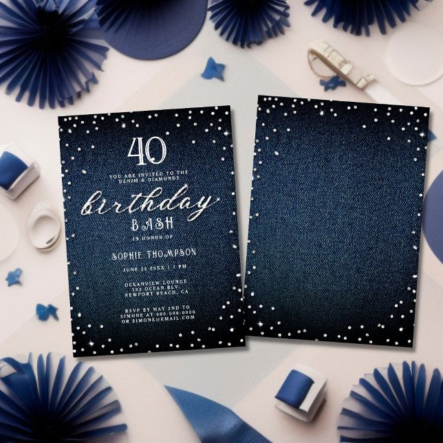 Invitación Denim Diamonds Modern Rustic 40th Birthday Fiesta (Subido por el creador)