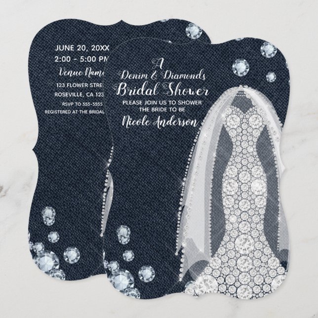 Invitación Denim & Diamonds Moderno Rustic Glam Bridal Shower (Anverso / Reverso)