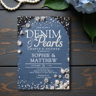 Invitación Denim Diamonds Pearls Arch Azul Moda Ducha Pareja