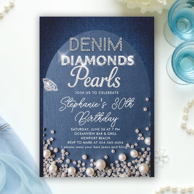 Invitación Denim Diamonds Pearls Arch Tipo Aniversario Clásic (denim diamonds and pearls birthday party invitation modern classy elegant minimalist blue white diy )