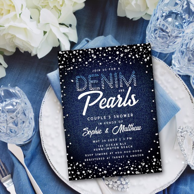 Invitación Denim Diamonds Pearls Blue Elegant Couple Shower (Subido por el creador)