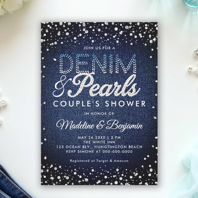 Invitación Denim Diamonds Pearls Blue Moderple Couple Shower (denim and pearls couple shower invitation coed jack jill blue white elegant modern classy chic)
