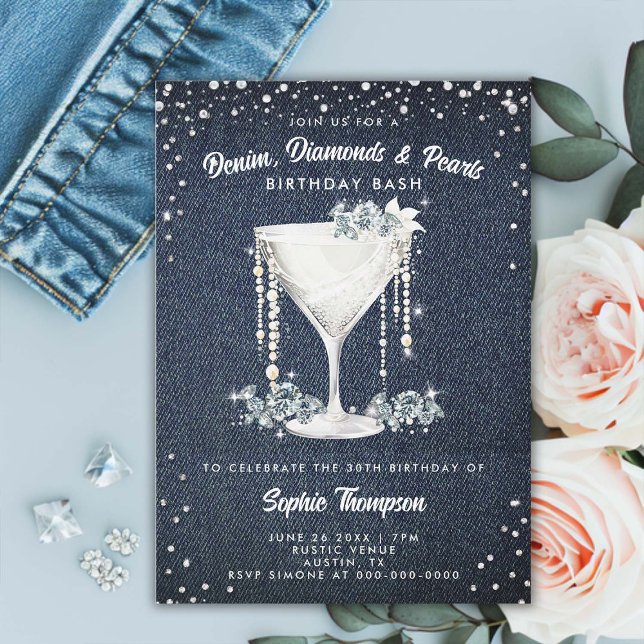 Invitación Denim Diamonds Pearls Champagne Cup Fiesta de Cump (denim diamonds pearls birthday party invitation card elegant classy champagne bling glam glitz spark)