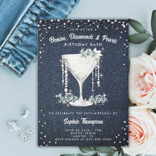 Invitación Denim Diamonds Pearls Champagne Cup Fiesta de Cump