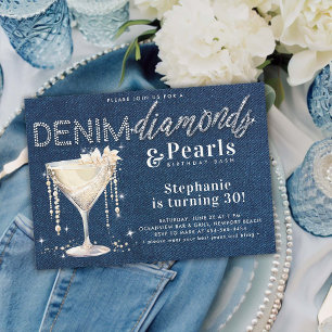 Invitación Denim Diamonds Pearls Champagne Moda Azul cumpleañ