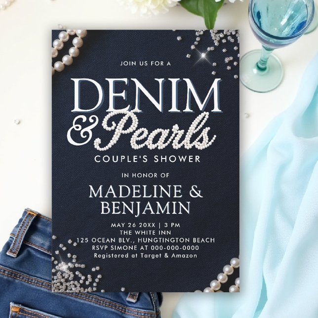 Invitación Denim Diamonds Pearls Elegant Blue Couple Shower (denim and pearls couple wedding shower invitation coed jack jill blue white elegant modern trendy)
