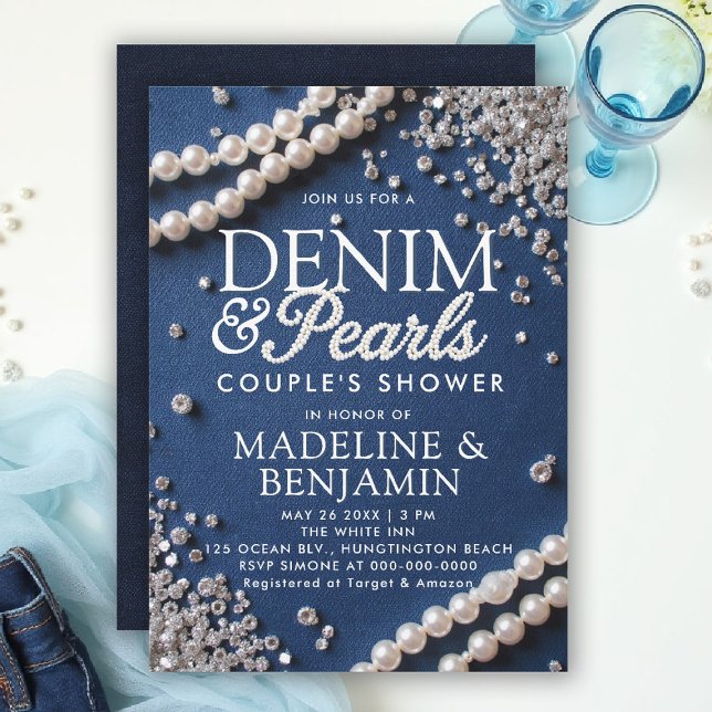 Invitación Denim Diamonds Pearls Elegante Ducha Pareja Tipo (denim and pearls couple wedding shower invitation coed jack jill blue white elegant modern classy)