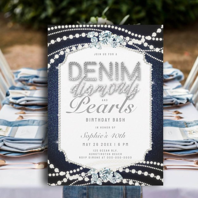 Invitación Denim Diamonds Pearls Frame 40 Fiesta de cumpleaño (denim and diamonds 40th birthday invitations for women pearls frame classy bling glitz glam rustic)