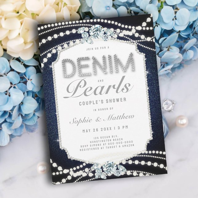 Invitación Denim Diamonds Pearls Frame Coed Wedding Shower (wedding shower ideas denim diamonds pearls invitations coed jack jill couples blue elegant casual)
