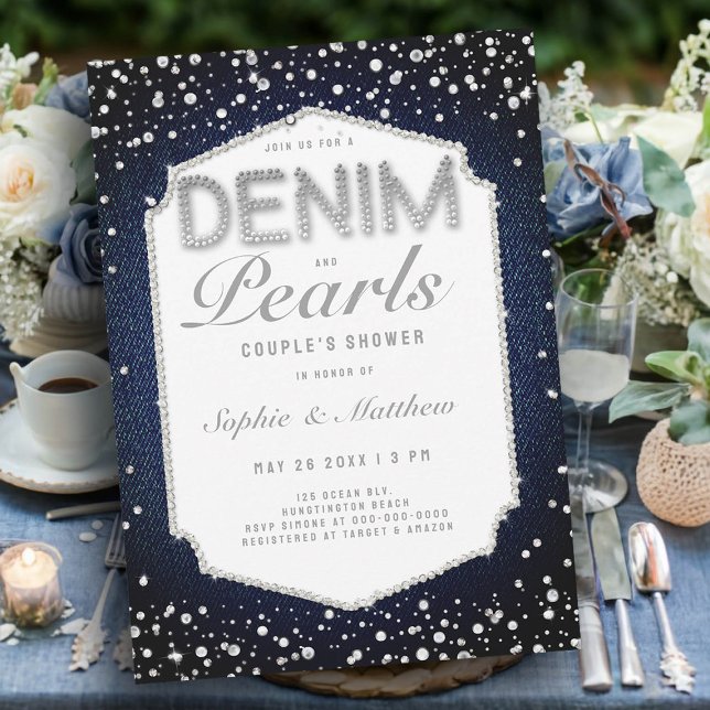 Invitación Denim Diamonds Pearls Frame Elegant Wedding Shower (wedding shower ideas denim diamonds pearls invitations coed jack jill couples blue white casual)
