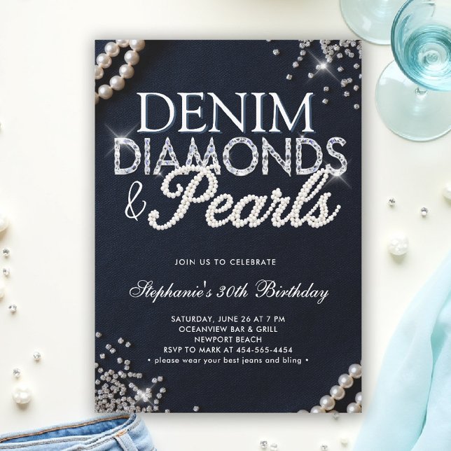 Invitación Denim Diamonds Pearls Moda Elegante cumpleaños (denim diamonds and pearls party ideas modern classy elegant blue white invites)