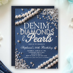 Invitación Denim Diamonds Pearls Moda elegante cumpleaños
