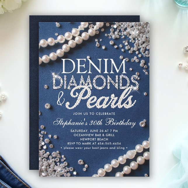 Invitación Denim Diamonds Pearls Moda elegante cumpleaños (denim diamonds and pearls party ideas modern classy elegant blue white invites diy invites templates)