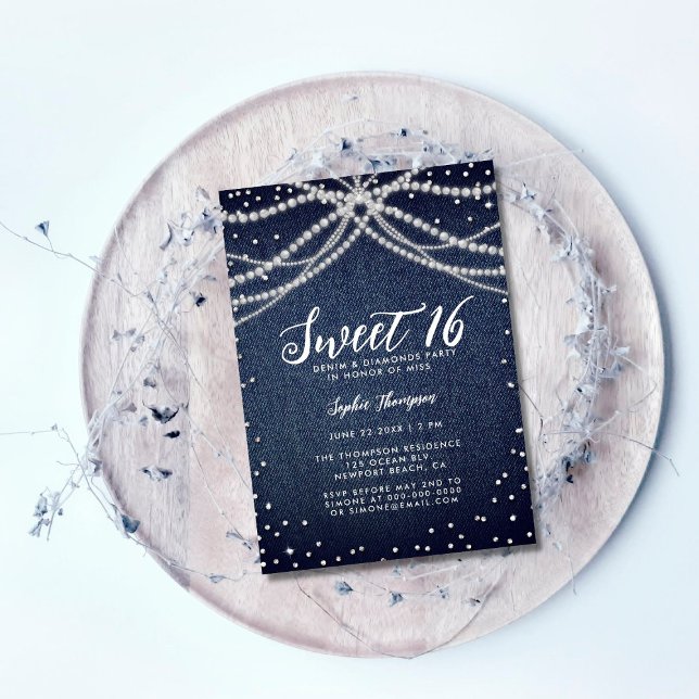 Invitación Denim Diamonds Pearls Sweet 16 Moda fiesta de cump (Subido por el creador)