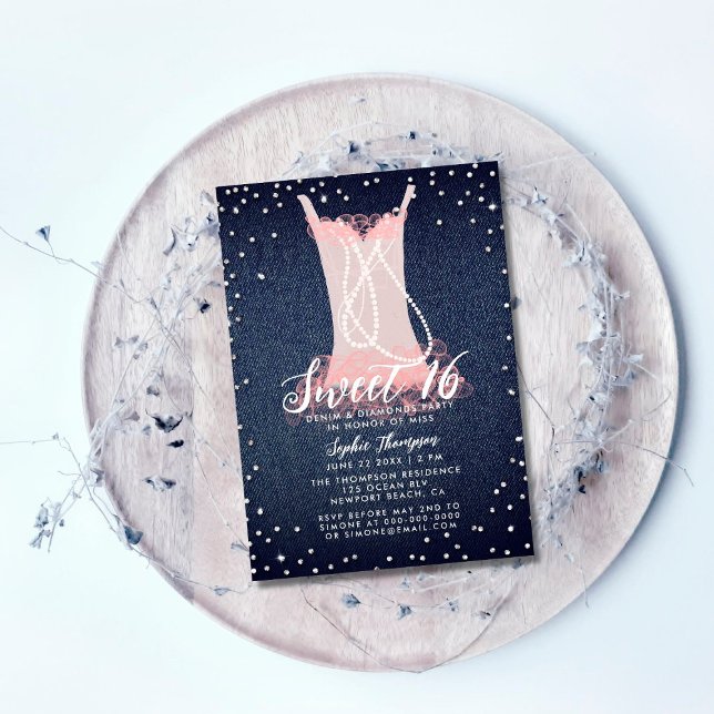 Invitación Denim Diamonds Pearls Tutu Rosa Dulce 16 Fiesta (Subido por el creador)