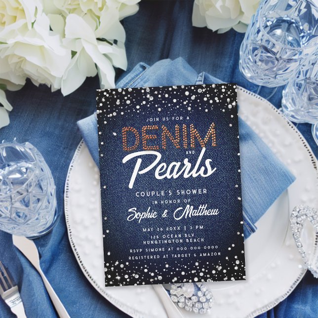 Invitación Denim Diamonds Perlas Ducha Pareja Elegante Modern (denim diamonds pearls couple wedding shower invitation blue brown brass elegant classy rustic chic)