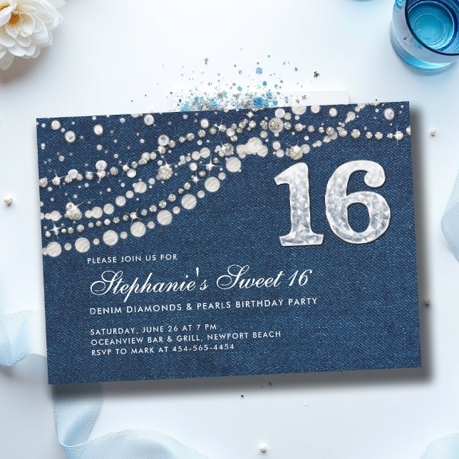 Invitación Denim Diamonds Perlas Elegante Moda Clásica Dulce  (sweet sixteen invitation 16th birthday denim diamonds and pearls fashion teen girl)