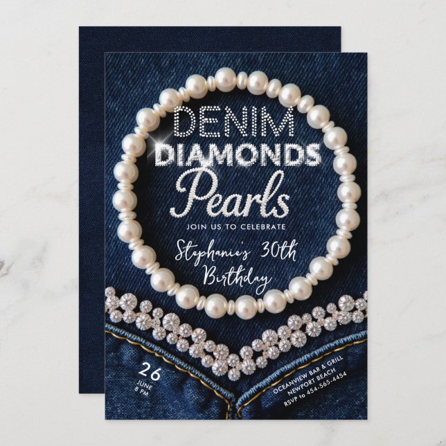 Invitación Denim Diamonds Perlas Moda Clásico Cumpleaños mode (Anverso / Reverso)