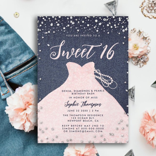 Invitación Denim Diamonds Perlas Princesa Rosa Dulce 16 (denim diamonds pearls princess dress sweet 16 invitation elegant modern trendy girly chic blue pink)