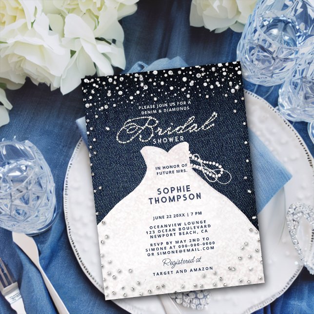 Invitación Denim Diamonds Perlas Purpurina Vestido Bridal Sho (Subido por el creador)