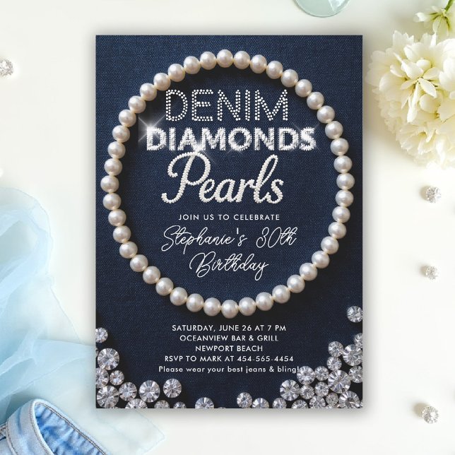 Invitación Denim Diamonds Perlas Tipo Clásico Cumpleaños Mode (denim diamonds and pearls party ideas modern classy elegant blue white invites templates diy)