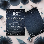Invitación Denim Diamonds Purpurina 50.ª fiesta de cumpleaños<br><div class="desc">Un sencillo, moderno, elegante y de moda plantilla de invitación a la fiesta de cumpleaños con un fondo de denim azul, la palabra BIRTHDAY cubierta con diamantes blancos (diamantes simulados, no reales) y en escritura moderna de caligrafía, y tipografía en blanco. ¡Un diseño de moda "denim and diamante" para una...</div>