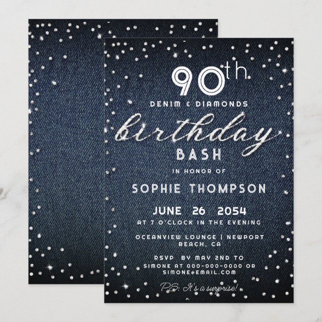 Invitación Denim Diamonds Purpurina 90ª fiesta de cumpleaños (Anverso / Reverso)