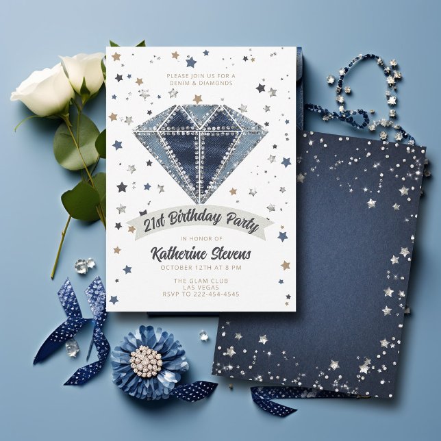 Invitación Denim Diamonds Purpurina azul blanco 21 cumpleaños (denim diamonds 21st birthday party invitation women white blue jeans rhinestones glitter stars class)