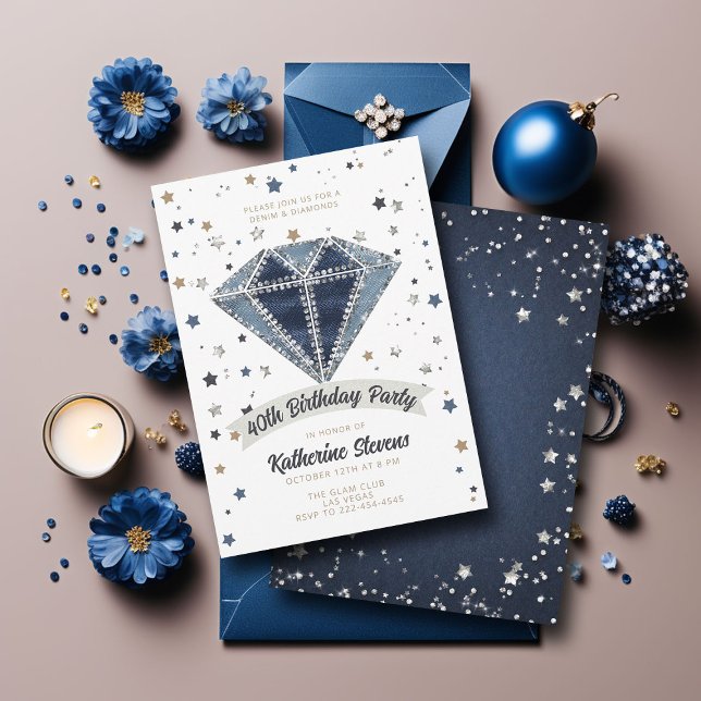 Invitación Denim Diamonds Purpurina azul blanco 40 cumpleaños (denim diamonds 40th birthday party invitation women white blue jeans rhinestones glitter star classy)