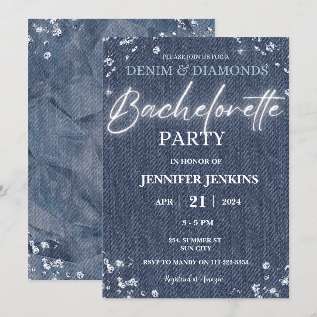 Invitación Denim Diamonds Purpurina Bling Elegant Bachelorett (Anverso / Reverso)
