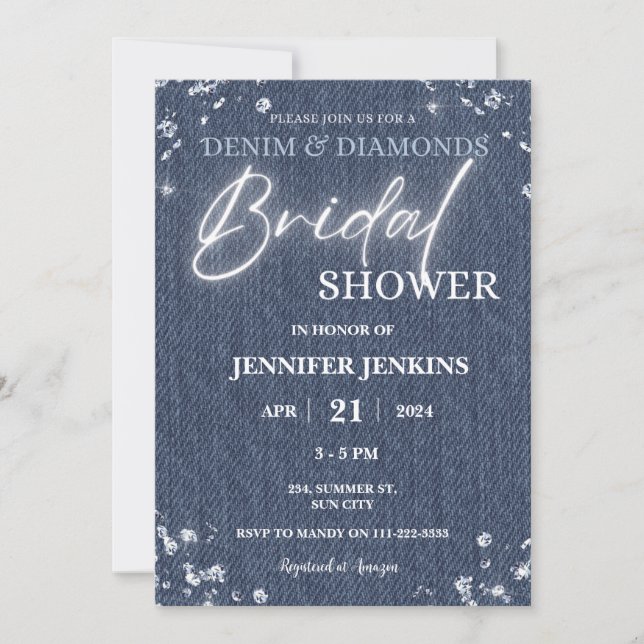 Invitación Denim Diamonds Purpurina Bling Elegant Bridal Show (Anverso)