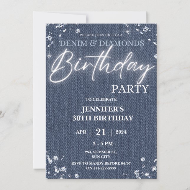 Invitación Denim Diamonds Purpurina Bling Elegant Cumpleaños (Anverso)