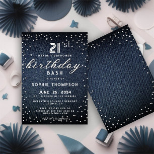 Invitación Denim Diamonds Purpurina Fiesta de cumpleaños 21