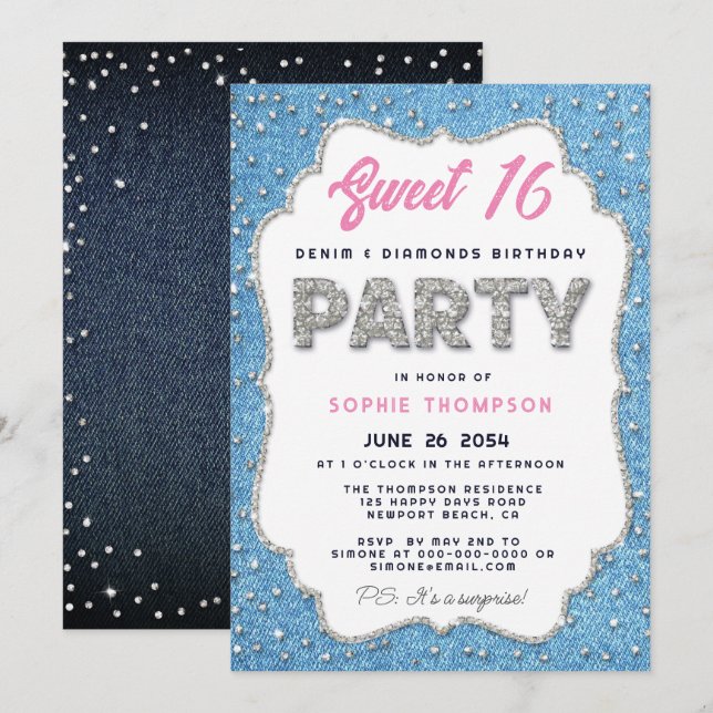 Invitación Denim Diamonds Purpurina Frame Sweet 16 Fiesta Ros (Anverso / Reverso)