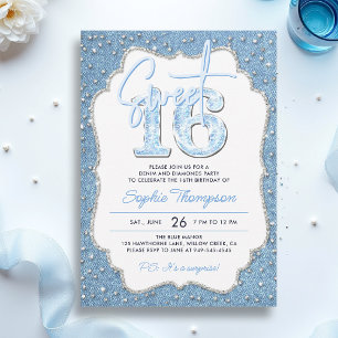 Invitación Denim Diamonds Purpurina Marco elegante dulce 16