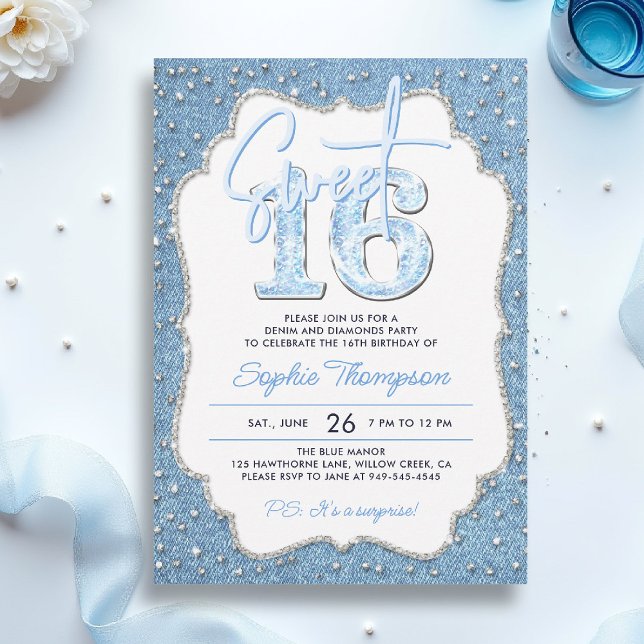 Invitación Denim Diamonds Purpurina Marco elegante dulce 16 (sweet sixteen invitation 16th birthday denim diamonds elegant frame bling fashion teen girl)